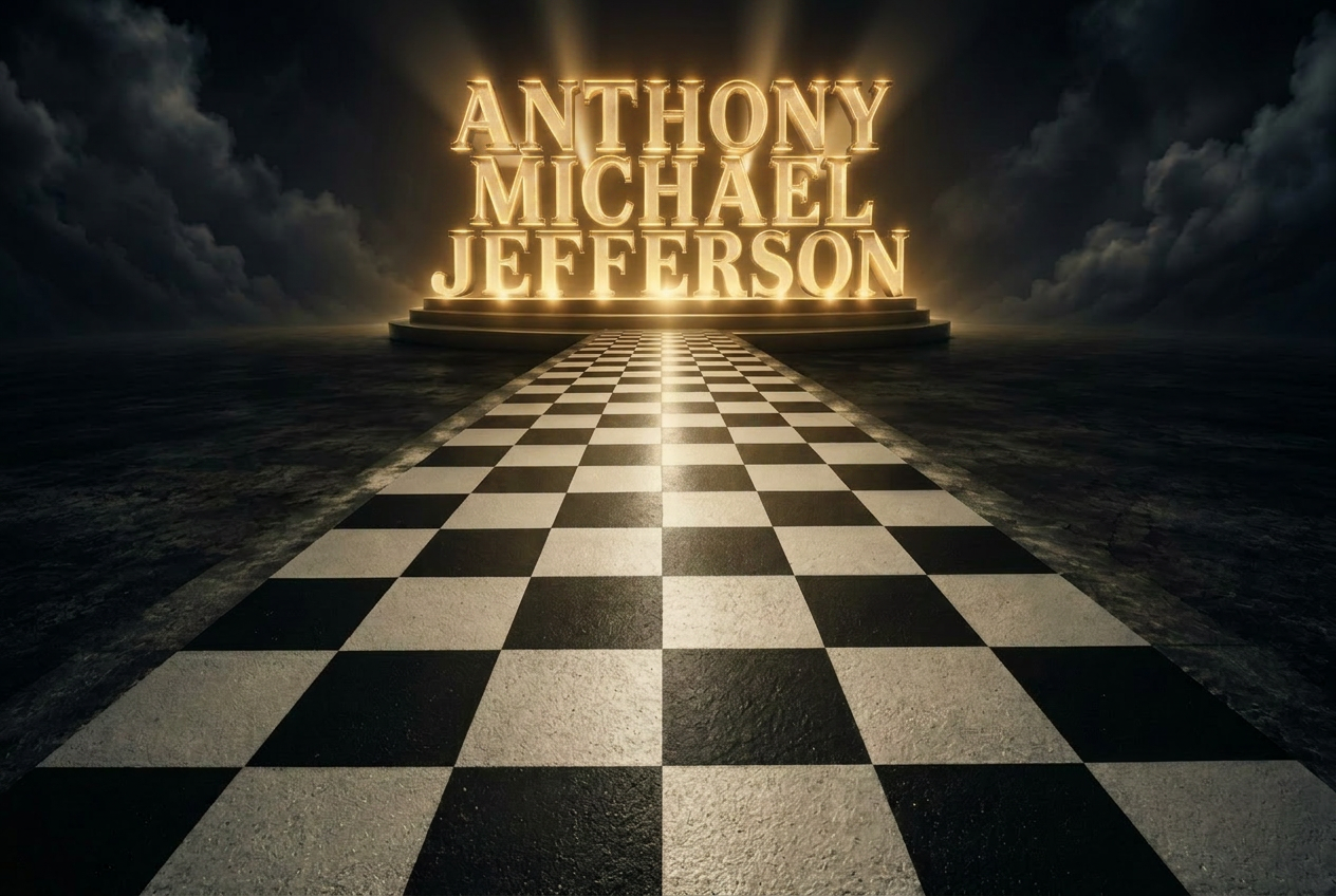 Anthony Michael Jefferson name in glowing marquee lights above a checkered road stretching to the horizon