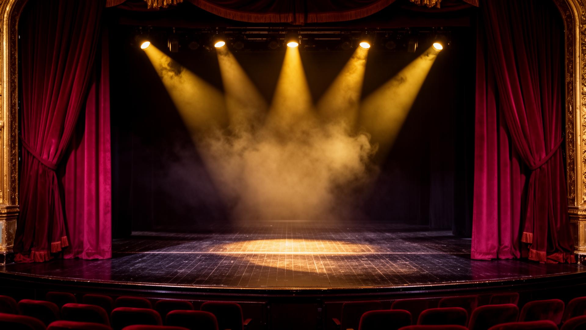 A historic theater stage bathed in golden spotlights